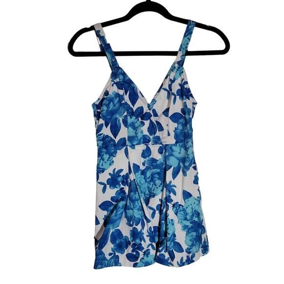 MinkPink Size XS	Blueberry Bloom Ivory and Blue Floral Print Romper Pleated - Picture 2 of 12